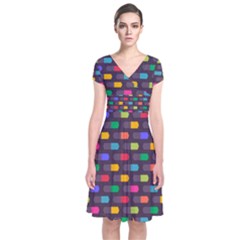 Background Colorful Geometric Short Sleeve Front Wrap Dress