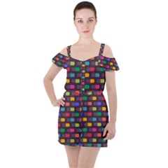 Background Colorful Geometric Ruffle Cut Out Chiffon Playsuit by HermanTelo