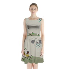 Birds Tree Animal Black Tree Sleeveless Waist Tie Chiffon Dress