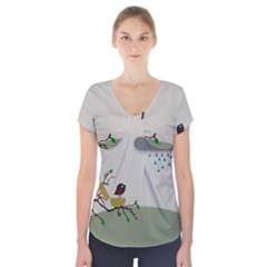 Birds Tree Animal Black Tree Short Sleeve Front Detail Top