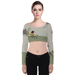 Birds Tree Animal Black Tree Velvet Long Sleeve Crop Top