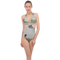 Birds Tree Animal Black Tree Halter Front Plunge Swimsuit by HermanTelo