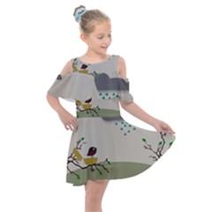 Birds Tree Animal Black Tree Kids  Shoulder Cutout Chiffon Dress