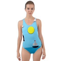 Birds Sun Tree Animal Black Tree Cut-out Back One Piece Swimsuit