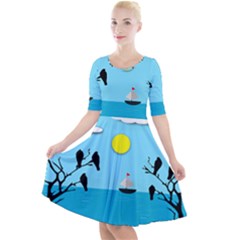 Birds Sun Tree Animal Black Tree Quarter Sleeve A-line Dress by HermanTelo