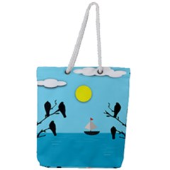 Birds Sun Tree Animal Black Tree Full Print Rope Handle Tote (large) by HermanTelo