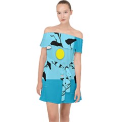 Birds Sun Tree Animal Black Tree Off Shoulder Chiffon Dress