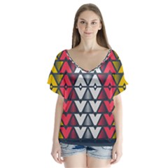 Background Colorful Geometric Unique V-neck Flutter Sleeve Top