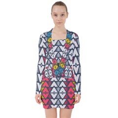 Background Colorful Geometric Unique V-neck Bodycon Long Sleeve Dress