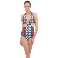 Background Colorful Geometric Unique Halter Front Plunge Swimsuit