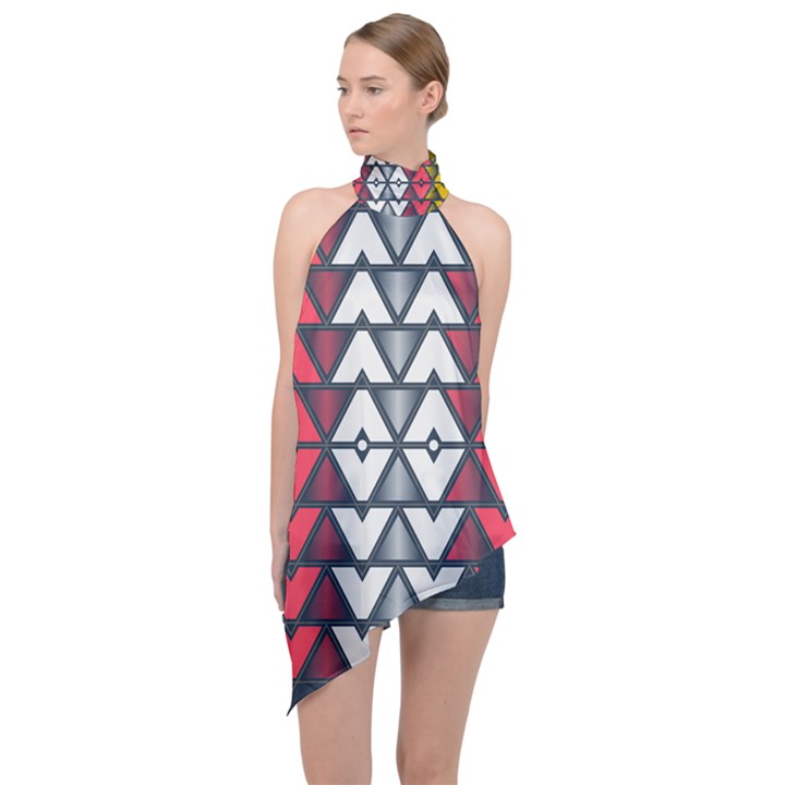 Background Colorful Geometric Unique Halter Asymmetric Satin Top