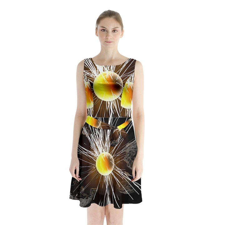 Abstract Exploding Design Sleeveless Waist Tie Chiffon Dress