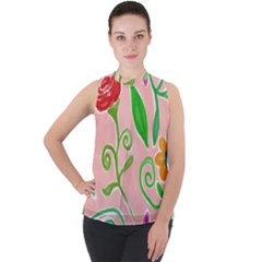 Background Colorful Floral Flowers Mock Neck Chiffon Sleeveless Top