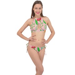 Background Colorful Floral Flowers Cross Front Halter Bikini Set