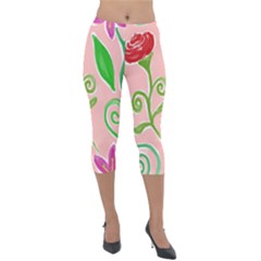 Background Colorful Floral Flowers Lightweight Velour Capri Leggings 