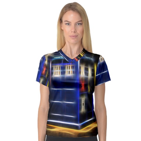 Famous Blue Police Box V-neck Sport Mesh Tee by HermanTelo