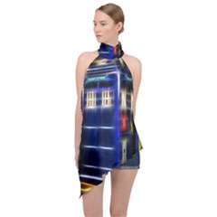 Famous Blue Police Box Halter Asymmetric Satin Top