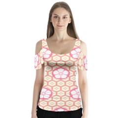 Floral Design Seamless Wallpaper Butterfly Sleeve Cutout Tee 