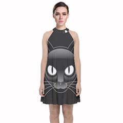 Grey Eyes Kitty Cat Velvet Halter Neckline Dress 