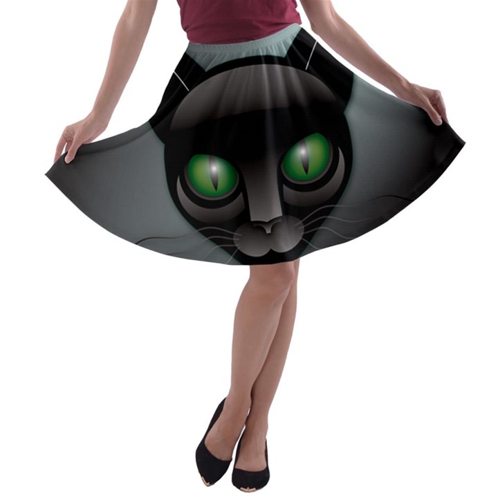 Green Eyes Kitty Cat A-line Skater Skirt