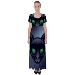 Green Eyes Kitty Cat High Waist Short Sleeve Maxi Dress