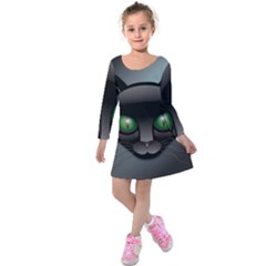 Green Eyes Kitty Cat Kids  Long Sleeve Velvet Dress