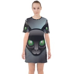 Green Eyes Kitty Cat Sixties Short Sleeve Mini Dress