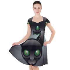 Green Eyes Kitty Cat Cap Sleeve Midi Dress