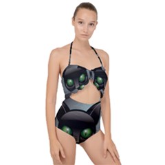 Green Eyes Kitty Cat Scallop Top Cut Out Swimsuit by HermanTelo