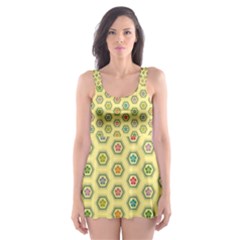 Hexagonal Pattern Unidirectional Yellow Skater Dress Swimsuit