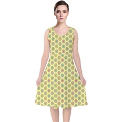 Hexagonal Pattern Unidirectional Yellow V-neck Midi Sleeveless Dress  by HermanTelo