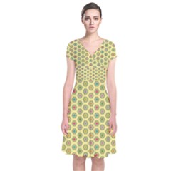 Hexagonal Pattern Unidirectional Yellow Short Sleeve Front Wrap Dress by HermanTelo