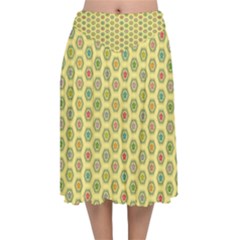 Hexagonal Pattern Unidirectional Yellow Velvet Flared Midi Skirt by HermanTelo