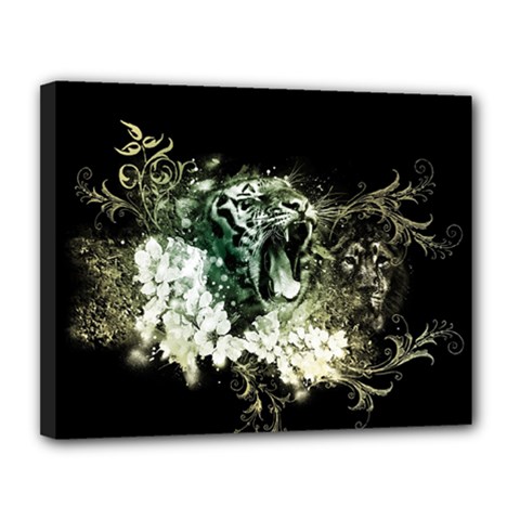 Awesome Tiger With Flowers Canvas 14  X 11  (stretched) by FantasyWorld7