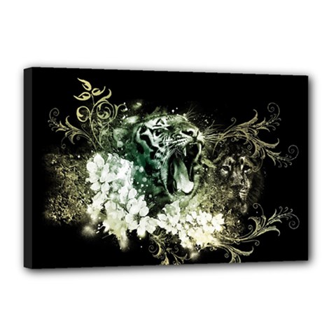 Awesome Tiger With Flowers Canvas 18  X 12  (stretched) by FantasyWorld7