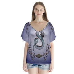 Wonderful Decorative Chinese Dragon V-neck Flutter Sleeve Top by FantasyWorld7