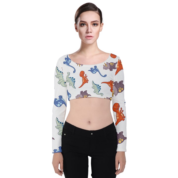 Pattern Dinosaurs Velvet Long Sleeve Crop Top