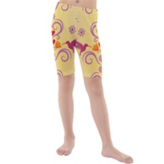 Pattern Bird Flower Kids  Mid Length Swim Shorts