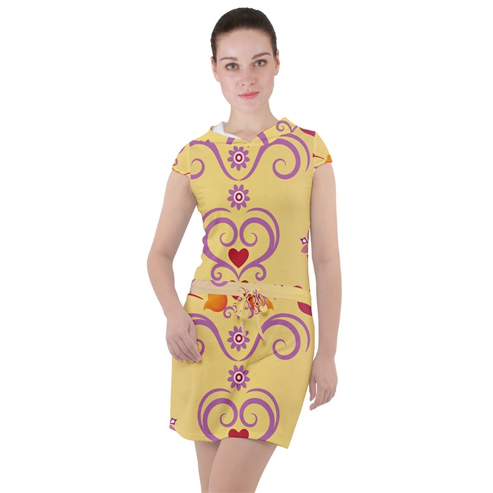 Pattern Bird Flower Drawstring Hooded Dress