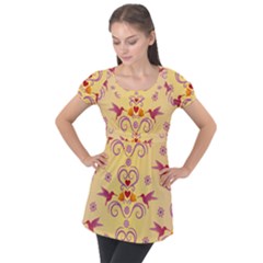 Pattern Bird Flower Puff Sleeve Tunic Top by HermanTelo