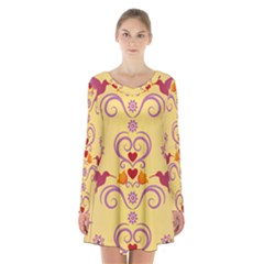 Pattern Bird Flower Long Sleeve Velvet V-neck Dress