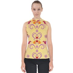 Pattern Bird Flower Mock Neck Shell Top by HermanTelo