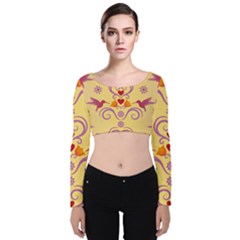 Pattern Bird Flower Velvet Long Sleeve Crop Top