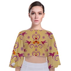 Pattern Bird Flower Tie Back Butterfly Sleeve Chiffon Top