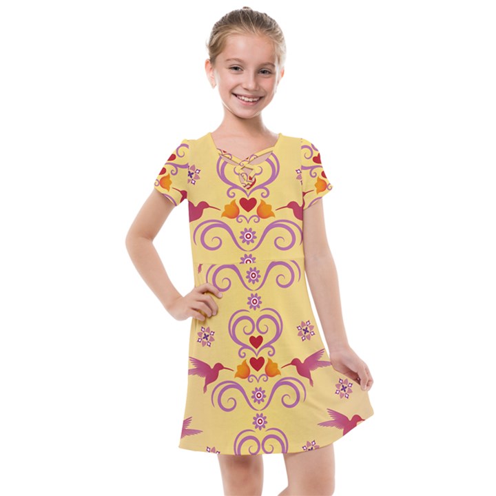 Pattern Bird Flower Kids  Cross Web Dress