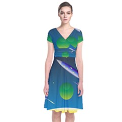 Rocket Spaceship Space Short Sleeve Front Wrap Dress