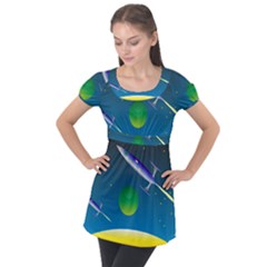 Rocket Spaceship Space Puff Sleeve Tunic Top