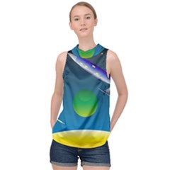 Rocket Spaceship Space High Neck Satin Top by HermanTelo