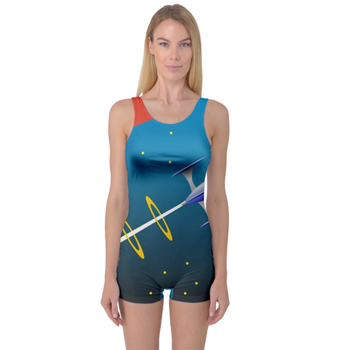 Rocket Spaceship Space Galaxy One Piece Boyleg Swimsuit