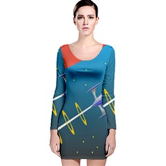 Rocket Spaceship Space Galaxy Long Sleeve Velvet Bodycon Dress